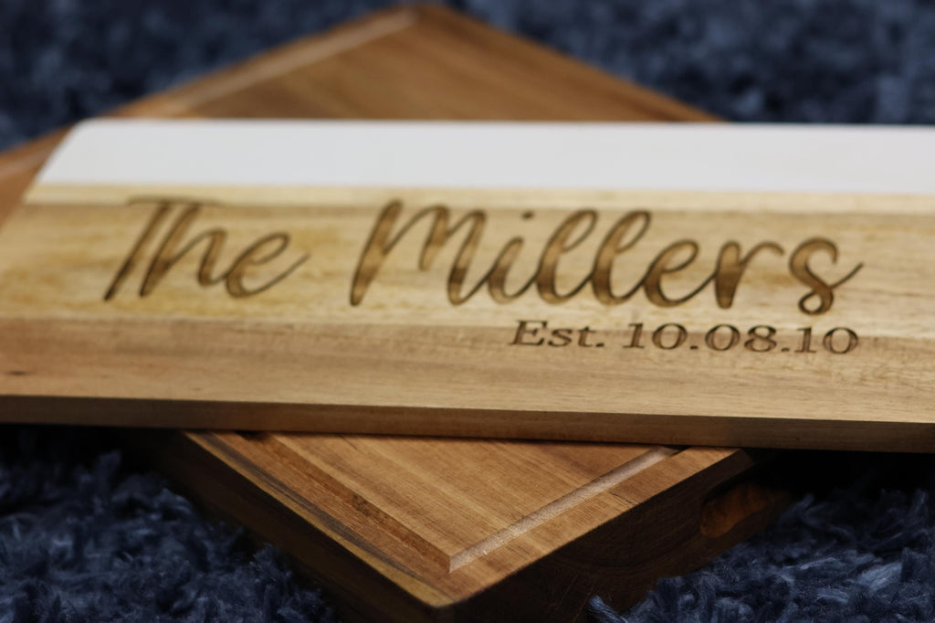 Personalized Family Name Marble and Acacia Wood Cutting Board | Custom Laser Engraved Charcuterie Board | Wedding & Anniversary Gift