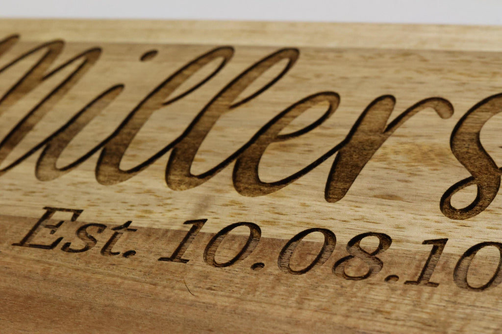 Personalized Family Name Marble and Acacia Wood Cutting Board | Custom Laser Engraved Charcuterie Board | Wedding & Anniversary Gift