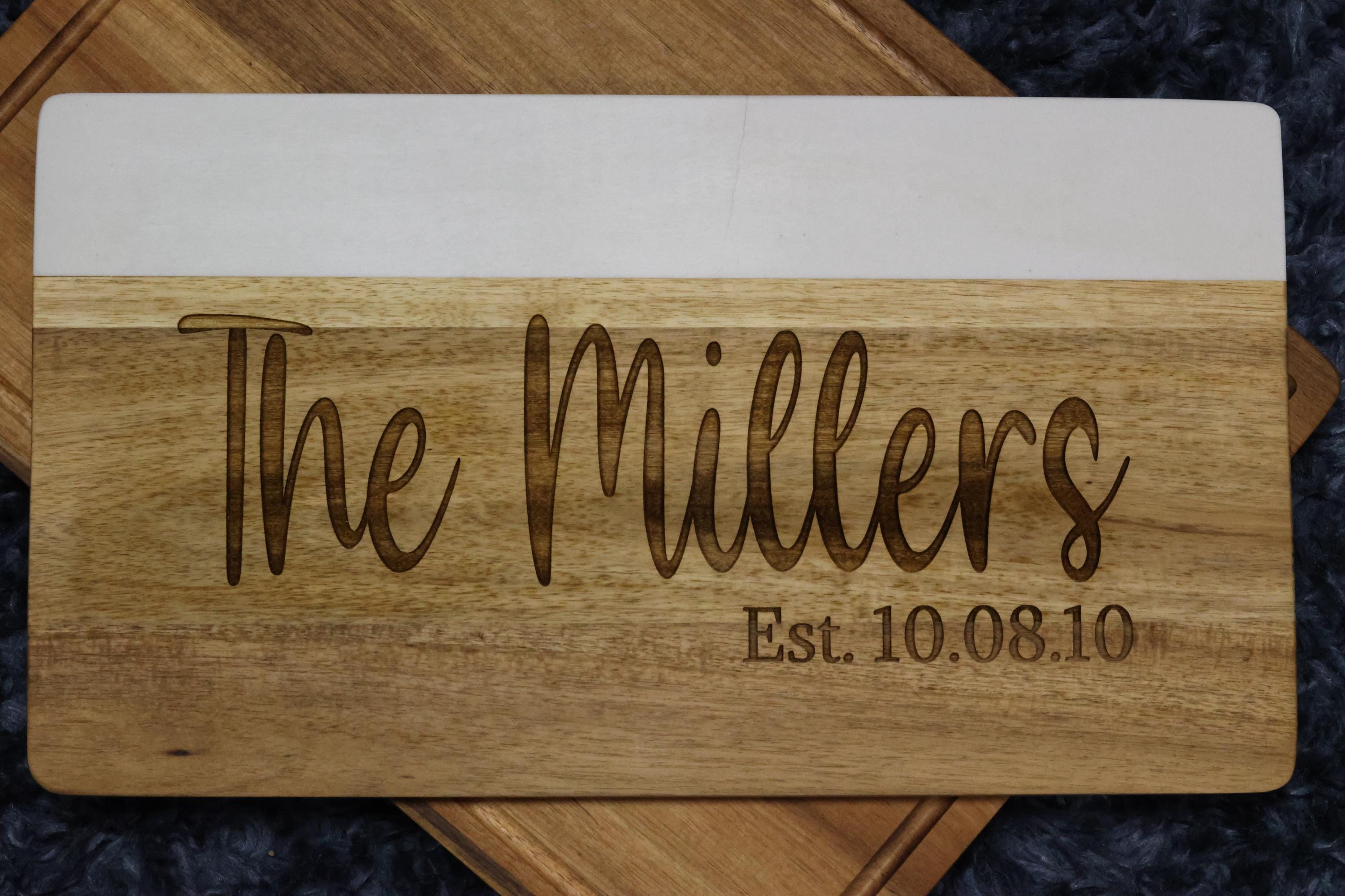 Personalized Family Name Marble and Acacia Wood Cutting Board | Custom Laser Engraved Charcuterie Board | Wedding & Anniversary Gift