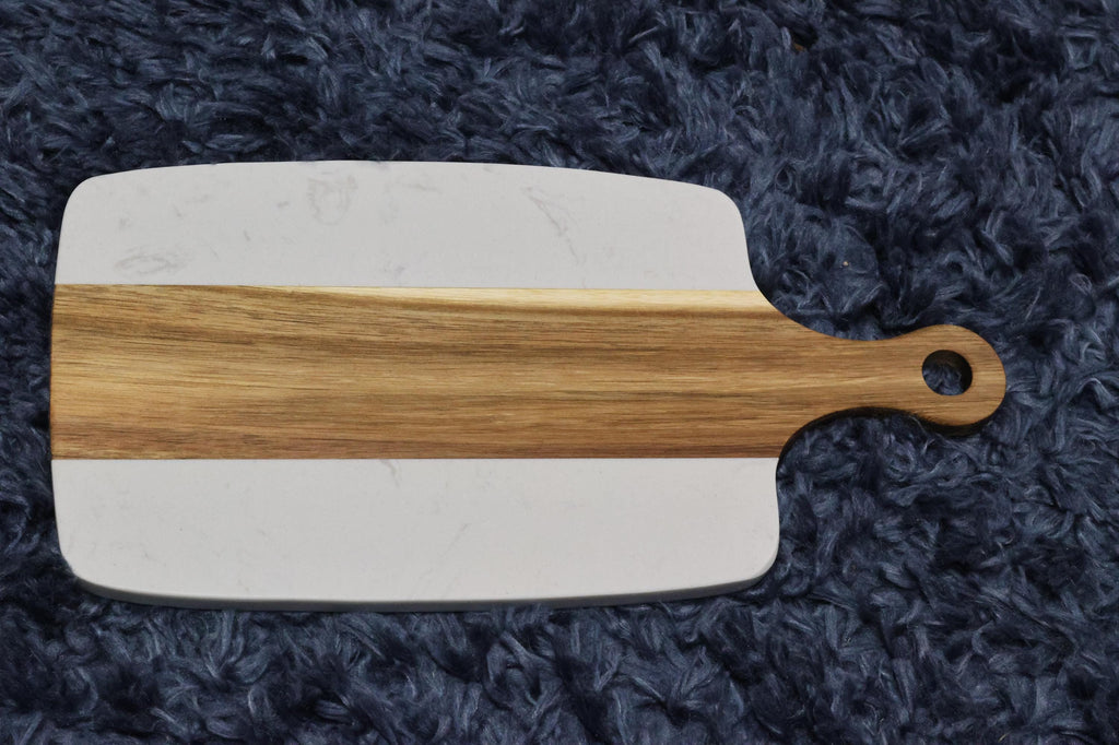 Personalized Family Name Marble and Acacia Wood Cutting Board | Custom Laser Engraved Charcuterie Board | Wedding & Anniversary Gift