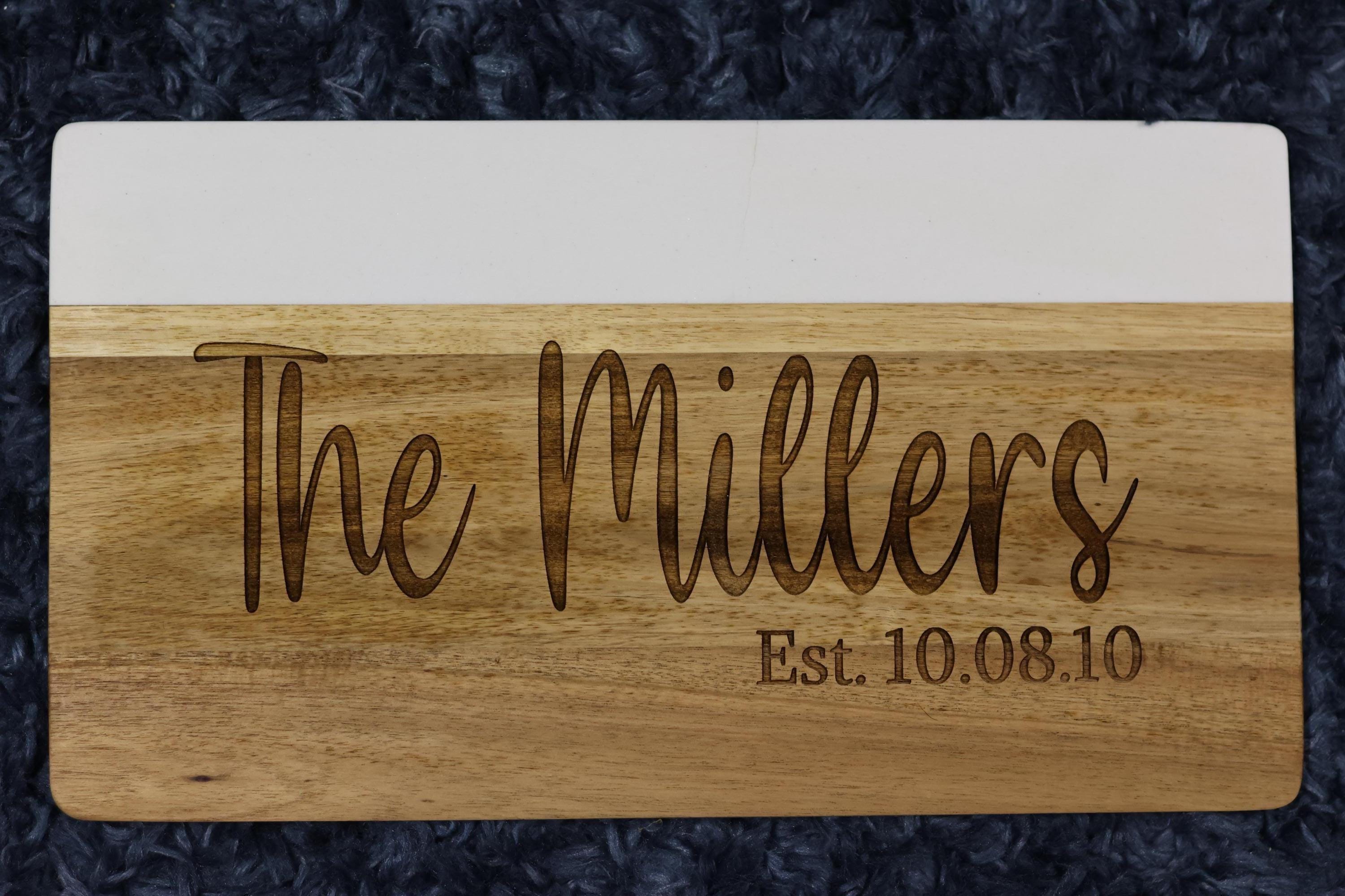 Personalized Family Name Marble and Acacia Wood Cutting Board | Custom Laser Engraved Charcuterie Board | Wedding & Anniversary Gift