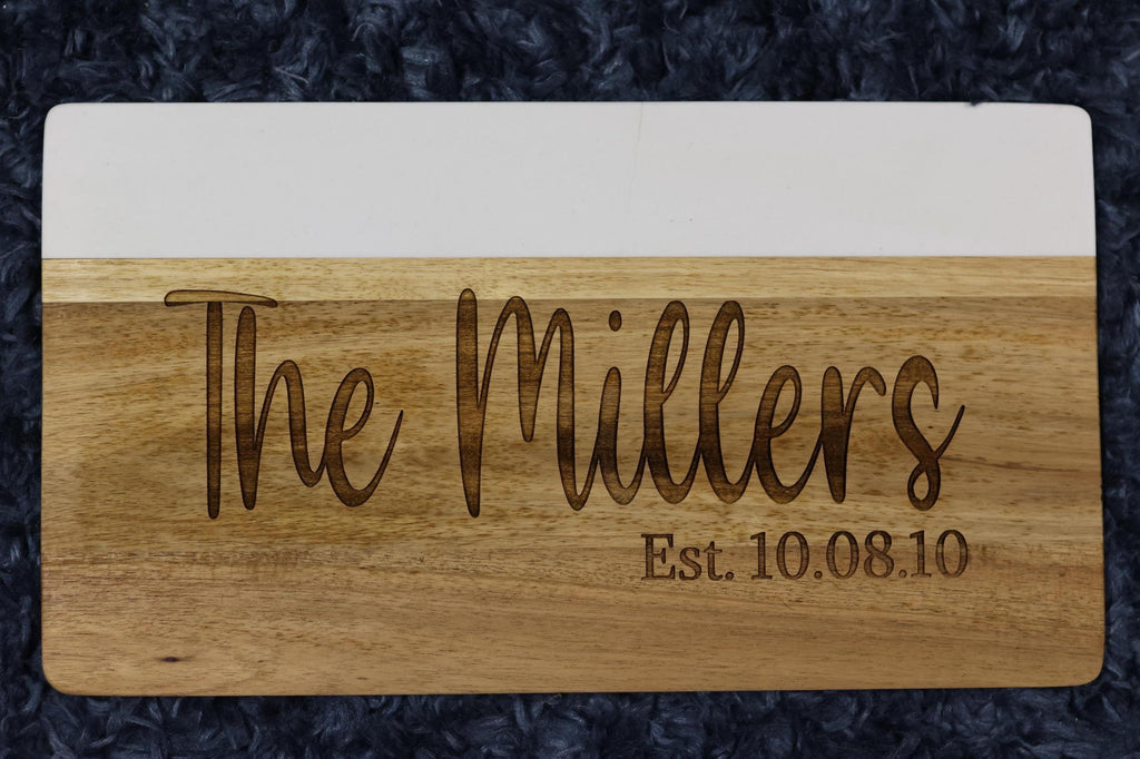 Personalized Family Name Marble and Acacia Wood Cutting Board | Custom Laser Engraved Charcuterie Board | Wedding & Anniversary Gift