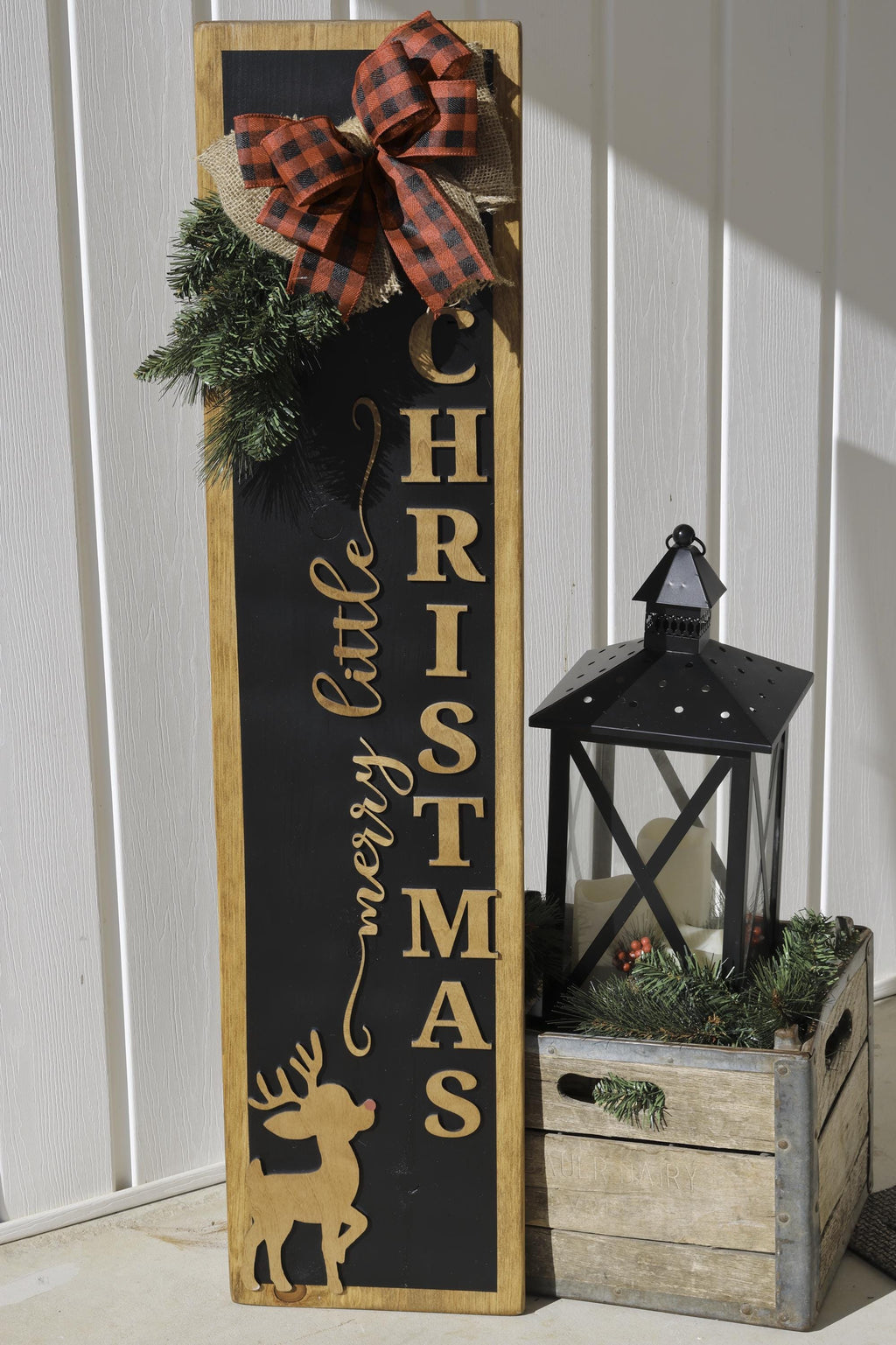 Merry Little Christmas Porch Leaner  Rustic Reindeer Christmas Sign  Farmhouse Holiday Front Porch Decor