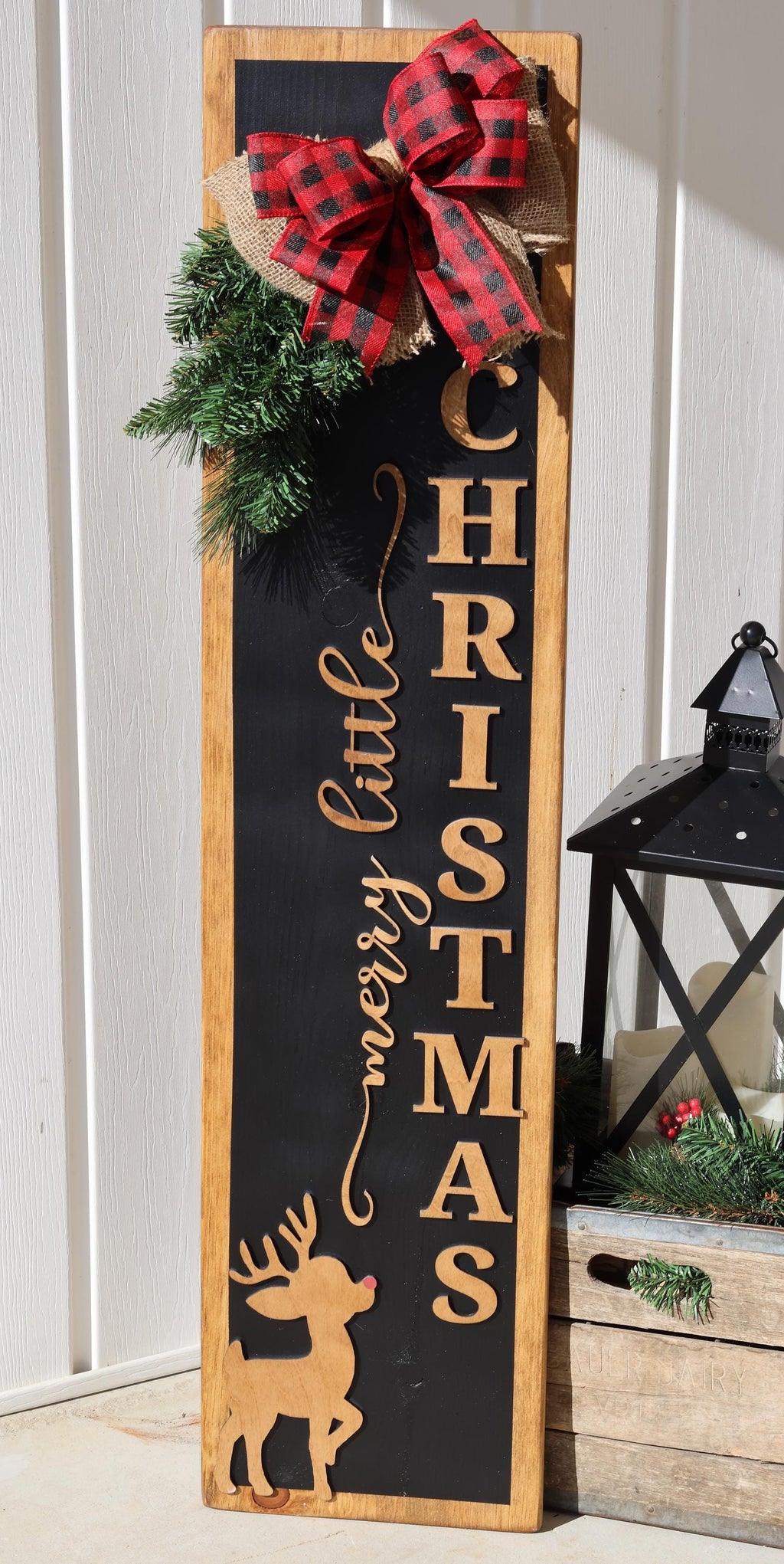 Merry Little Christmas Porch Leaner  Rustic Reindeer Christmas Sign  Farmhouse Holiday Front Porch Decor