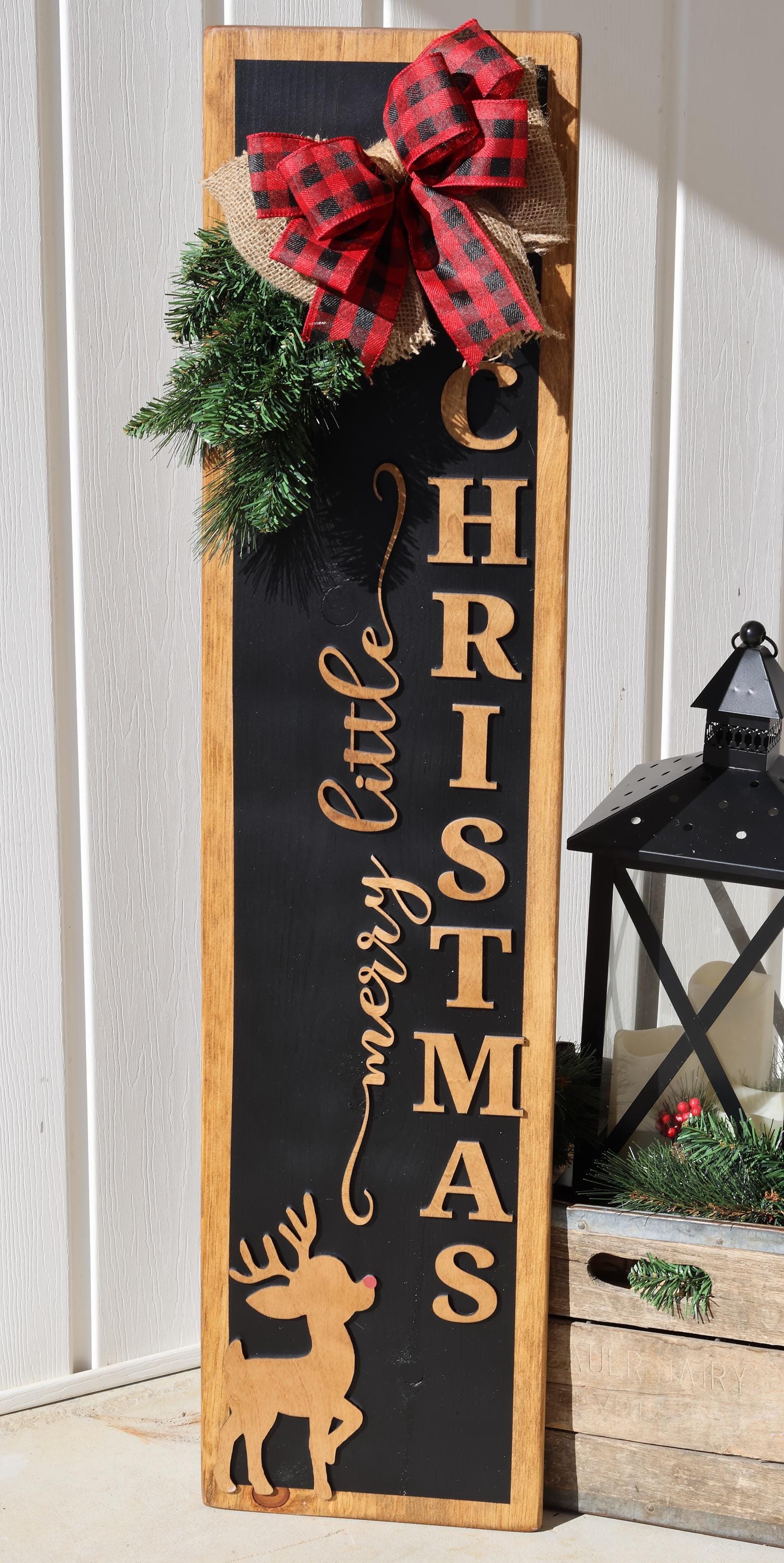 Merry Little Christmas Porch Leaner  Rustic Reindeer Christmas Sign  Farmhouse Holiday Front Porch Decor